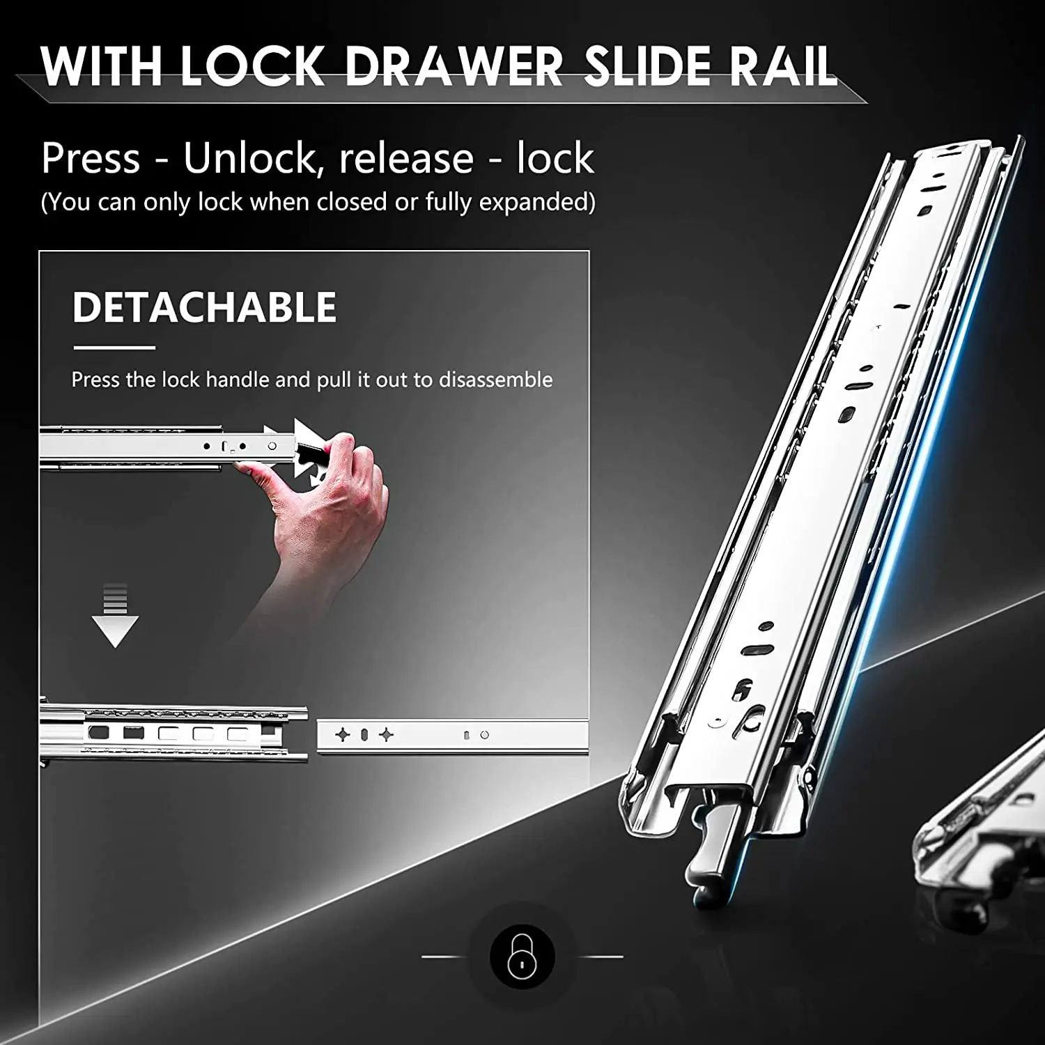 Drawer Slide Pair - 170ポンド耐荷重、1ペア、ロック付きヘビーデューティー引き出しスライド、10～40インチサイドマウントボールベアリングレールランナー、キッチン＆ジム用