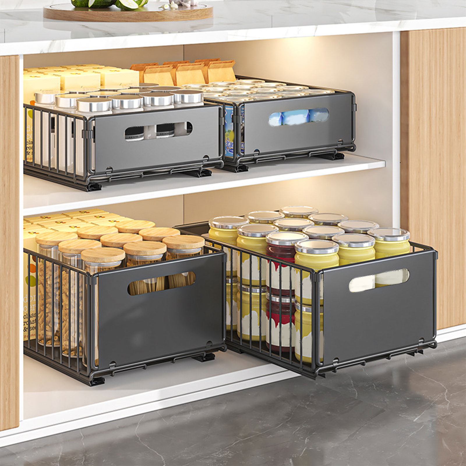 Drawer Slide Pair - スライドレール付き引き出し式キッチン収納ラック、キャビネット用スパイスボックスオーガナイザー